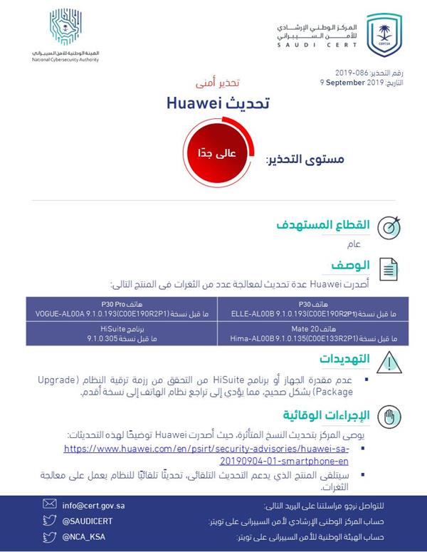 الأمن السيبراني يطلق تحذيراً أمنياً عالياً بخصوص بعض هواتف “هواوي”