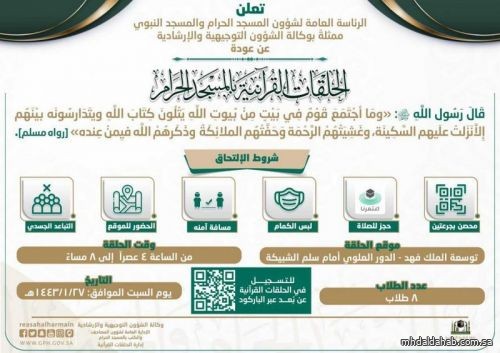 رئاسة الحرمين تعلن عودة الحلقات القرآنية حُضُورِيًّا في المسجد الحرام