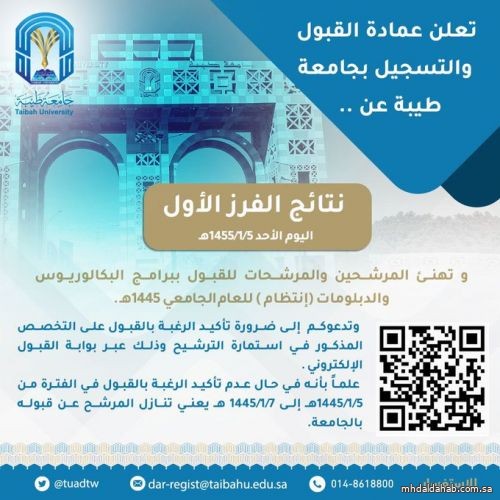 جامعة طيبة⁩  تعلن نتائج (الفرز الأول) لترشيح الطلاب والطالبات للعام الجامعي ١٤٤٥هـ