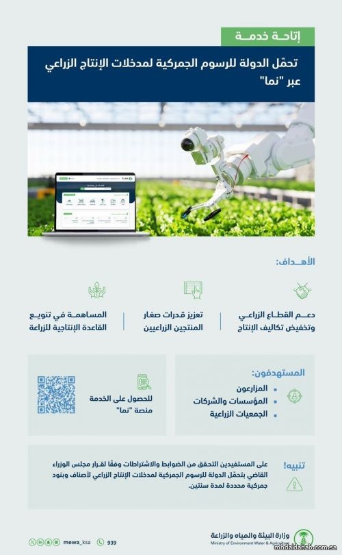 "البيئة": خدمة تحمل الدولة الرسوم الجمركية لمدخلات الإنتاج الزراعي متاحة عبر منصة "نماء"