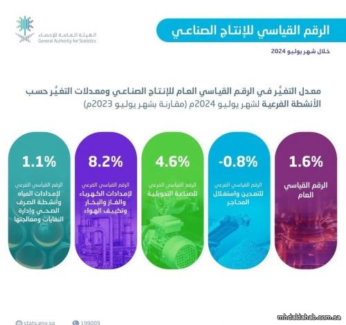 "هيئة الإحصاء": ارتفاع الرقم القياسي للإنتاج الصناعي بنسبة 1.6% خلال شهر يوليو 2024