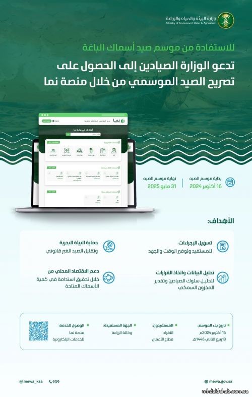 "البيئة" تدعو الصيادين للاستفادة من بدء موسم صيد أسماك الباغة عبر منصة "نما"