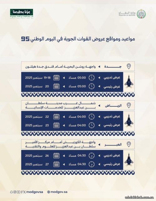 وزارة الدفاع تعلن عن مواعيد ومواقع عروض طائرات القوات الجوية في اليوم الوطني 95 وزارة الدفاع تعلن عن مواعيد ومواقع عروض طائرات القوات الجوية في اليوم الوطني 95