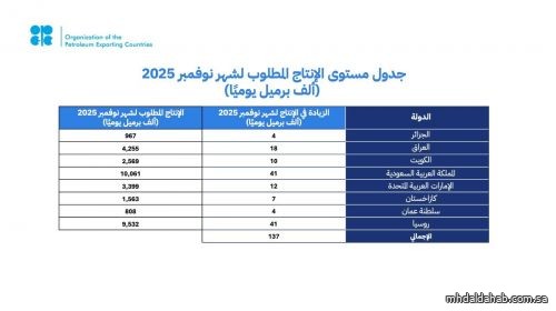 أوبك+: 8 دول تعلن زيادة الإنتاج بمقدار 137 ألف برميل يوميا بدءا من نوفمبر
