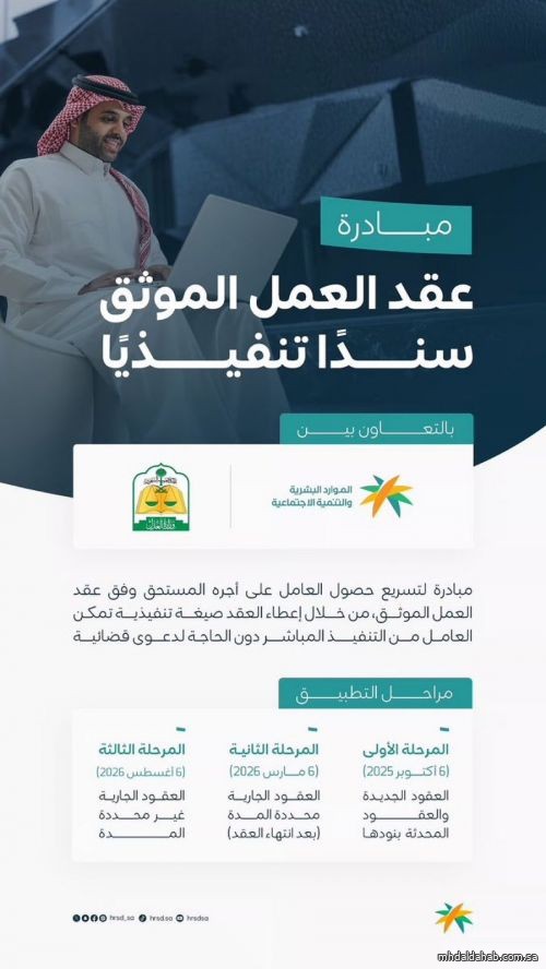 "العدل" و"الموارد البشرية" تطلقان عقد العمل الموحّد كسند تنفيذي
