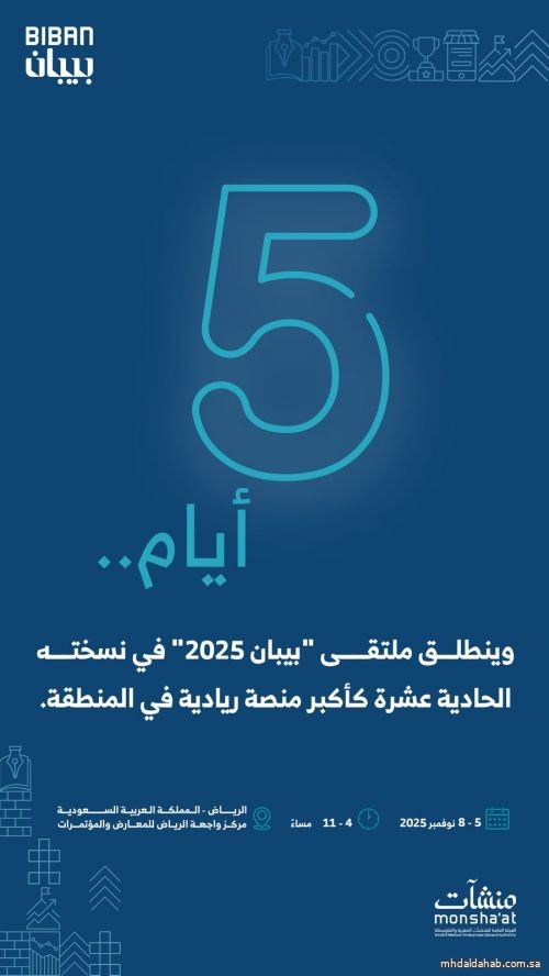 منشآت" تنظّم ملتقى "بيبان 2025" الأربعاء المقبل تحت شعار "وجهة عالمية للفرص" منشآت" تنظّم ملتقى "بيبان 2025" الأربعاء المقبل تحت شعار "وجهة عالمية للفرص"