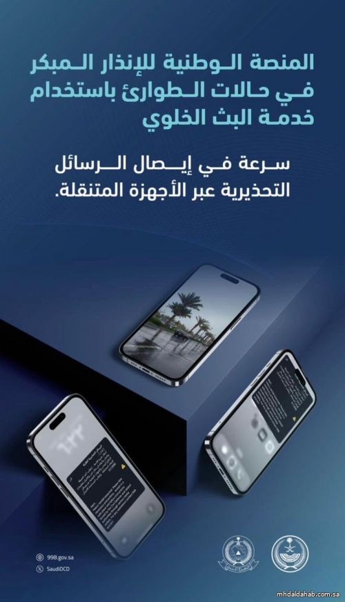 الدفاع المدني السعودي ينفذ  تجربة للمنصة الوطنية للإنذار المبكر عبر الهواتف المتنقلة  غدًا الاثنين الدفاع المدني السعودي ينفذ  تجربة للمنصة الوطنية للإنذار المبكر عبر الهواتف المتنقلة  غدًا الاثنين