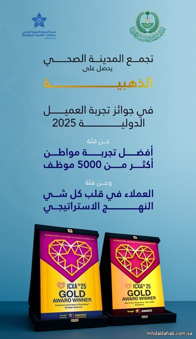 تجمع ⁧#المدينة_المنورة⁩ الصحي  يحقق جائزتين بالفئة الذهبية ضمن جوائز تجربة العميل الدولية 2025م في لندن